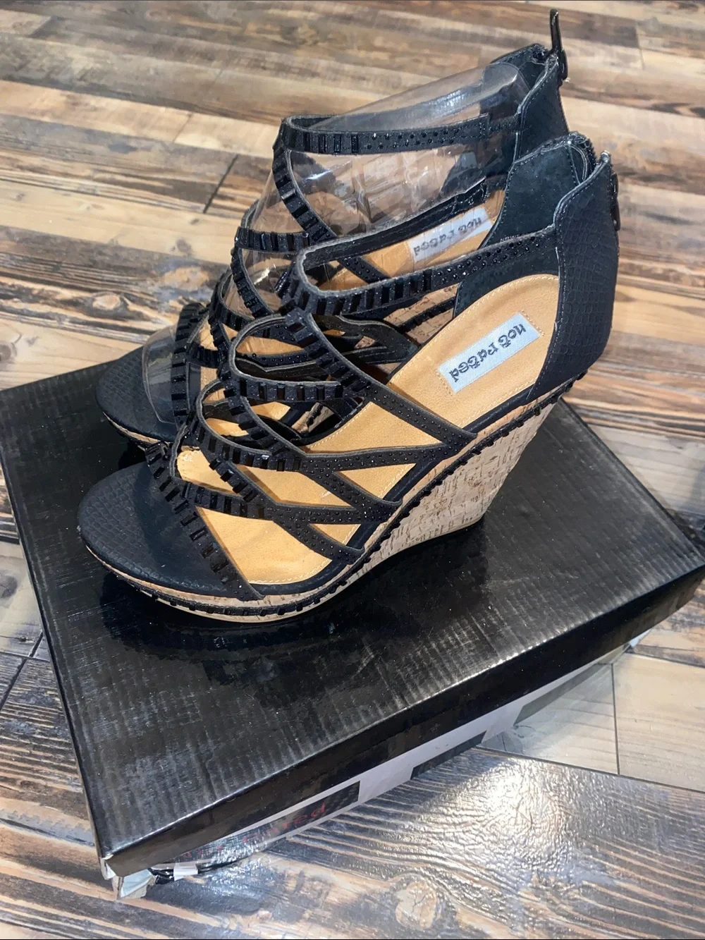 Not Rated Black Strappy Cork-Platform Wedge Sandals